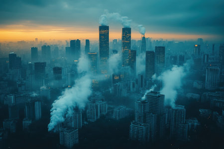 The skyline reveals towering buildings in a city, with smoke billowing against a darkening sky at sunset.の写真素材