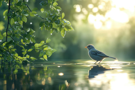 A small bird steps through serene water, framed by vibrant green foliage and soft morning light.の写真素材