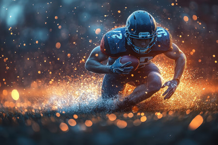 A football player skillfully navigates a rain-soaked field during an intense evening match.の写真素材