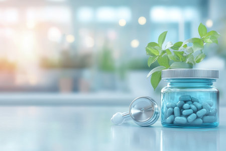 Bright room featuring a glass jar of blue pills alongside a healthy green plant on a clean surface.の写真素材