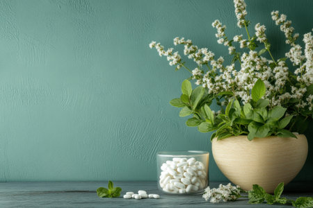 A vibrant arrangement of fresh mint leaves and white candies in a cozy indoor setting on a wooden table.の写真素材