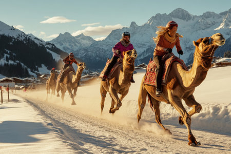 A group of riders races on camels across a snowy landscape with majestic mountains in the background.の写真素材
