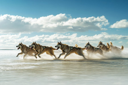 A team of energetic dogs pulls a sled across glistening snow with fluffy clouds overhead and a sunny backdrop.の写真素材