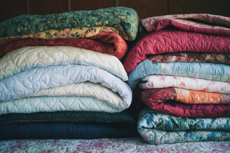 Vibrant quilts in various colors and patterns are neatly stacked, showcasing textures and warmth in a cozy setting.の写真素材