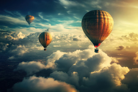 Three hot air balloons drift peacefully above fluffy clouds during a vibrant sunrise, offering stunning views.の写真素材