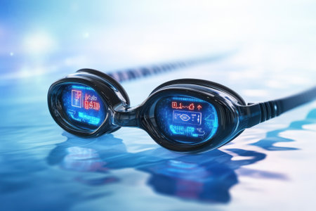 Innovative swimming goggles feature a digital display, providing real-time performance data while training in water.の写真素材