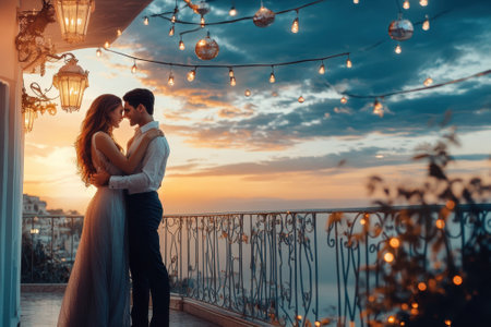 A couple shares a tender moment on a balcony adorned with lights, enjoying a beautiful sunset over the ocean.の写真素材
