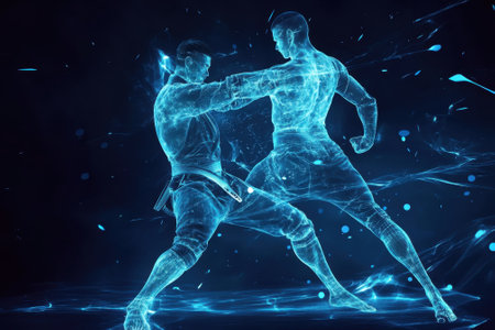 Two holographic fighters showcase their skills in a fierce martial arts duel against a dark background.の写真素材