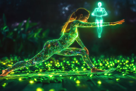 A woman performs a yoga pose surrounded by luminous elements and a floating holographic figure in a dark setting.の写真素材