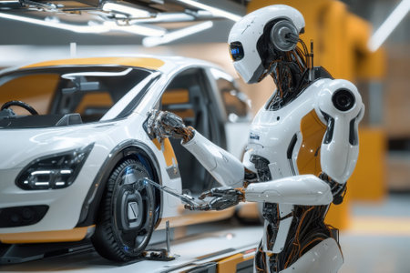 A humanoid robot is engaged in vehicle maintenance, showcasing advanced technology in a sleek workshop setting.の写真素材