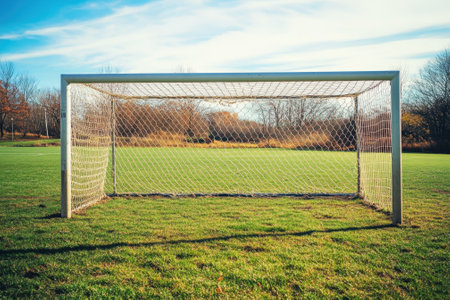 A soccer goal stands ready on the grass field under a clear blue sky in autumn, highlighting the tranquility.の写真素材