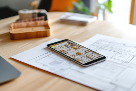 A smartphone displaying architectural plans rests on top of blueprints in a modern office setting.の写真素材