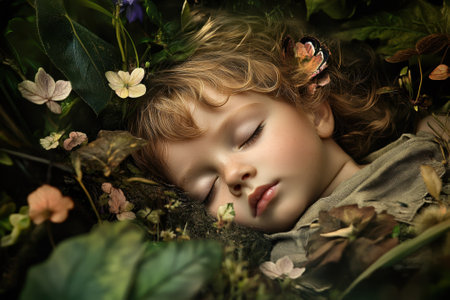 A young child sleeps serenely on a bed of leaves and flowers, surrounded by nature's beauty in daylight.の写真素材