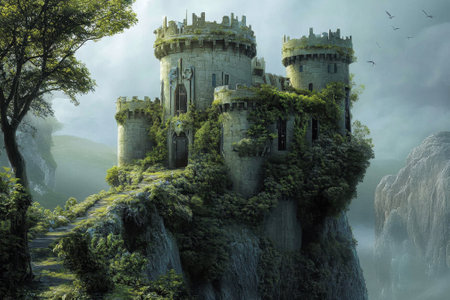 A castle stands majestically on a rocky outcrop, enveloped in vibrant green foliage under a misty sky.の写真素材