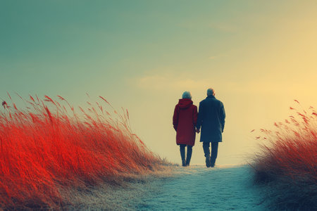 An elderly couple strolls hand in hand, enjoying a peaceful sunset.の写真素材