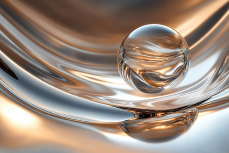 A glass sphere balances on a polished surface, capturing light and creating intricate reflections in the background.の写真素材