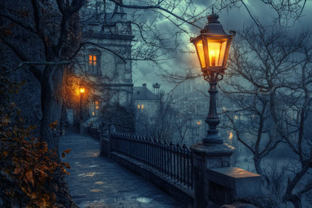 Glowing lanterns illuminate a cobblestone path winding through a historic town at dusk, creating a serene ambiance.の写真素材