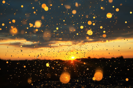 Golden droplets shimmer against a stunning sunset, creating a captivating natural display at dusk.の素材