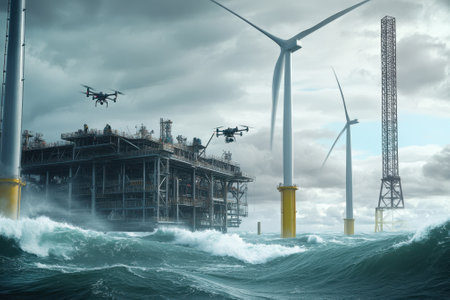 Drones fly over an offshore oil platform and wind turbines, navigating challenging ocean conditions.の写真素材
