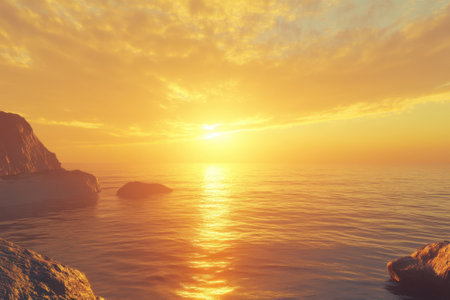 Sun sets over tranquil waters, casting golden hues on rocks and illuminating the serene landscape.の写真素材