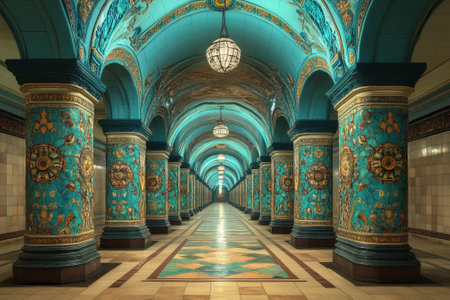 Stunning underground station features ornate columns and stunning blue hues, attracting curious visitors daily.の写真素材