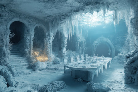 Icy dining room with candles lighting a frozen table and chairs, creating an eerie atmosphere.の写真素材
