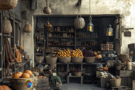 Baskets filled with fruits and vegetables are displayed on wooden stands in a quarter market, inviting shoppers.の写真素材