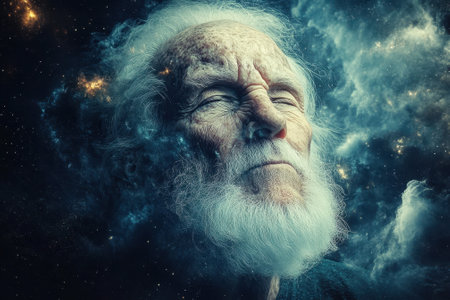 An elderly man with a white beard experiences tranquility amidst celestial clouds and stars.の写真素材
