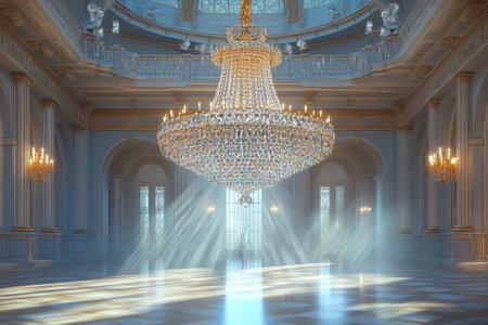 A magnificent chandelier hangs from the ceiling of a spacious hall, casting a warm glow on the polished floor.の写真素材