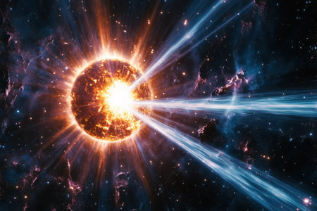 A vibrant star releases intense solar flares, illuminating the surrounding cosmic expande with bright energy.の写真素材