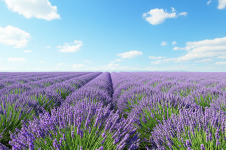 Vibrant lavender plants bloom in perfectly aligned rows beneath a clear blue sky.の写真素材