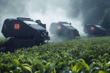 Three agricultural robots tend to a tea plantation, surrounded by lush greenery and morning mist.の写真素材
