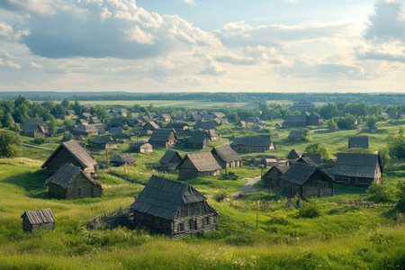 A serene view of a rural village filled with traditional wooden houses amid lush greenery and a blue sky.の写真素材