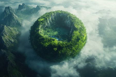 A lush green island floats in the sky amidst mountains, enveloped in soft clouds, evoking a serene nature scene.の素材