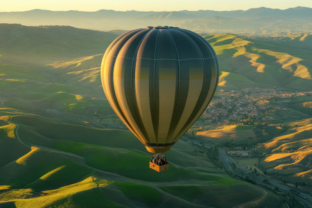 A vibrant hot air balloon soars high above green hills as the sun sets, casting warm hues across the landscape.の写真素材