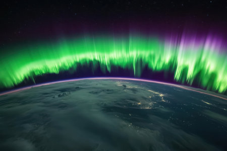 Bright green and purple auroras glow brilliantly above the Earth's atmosphere, showing nature's beauty after dark.の写真素材