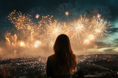 A young individual gazes at a stunning fireworks show lighting up the night sky above a cityscape.の写真素材