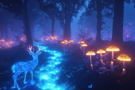 A deer, illuminated in blue, strolls near glowing mushrooms on a magical forest path during nighttime.の写真素材