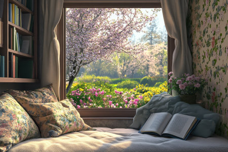 Soft cushions create a relaxing corner by the window, overlooking vibrant flowers and blossoming trees.の写真素材