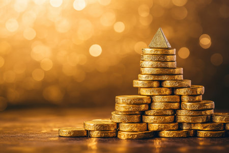 A pyramid of gold coins is set against a shimmering backdrop, evoking a sense of wealth and abundance.の写真素材