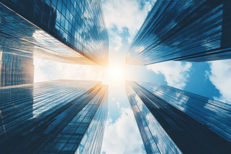 Tall glass skyscrapers rise dramatically against a vibrant blue sky with fluffy clouds and bright sunlight shining.の写真素材