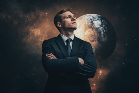A suited professional gazes thoughtfully upward, surrounded by a starry space and a distant Earth.の写真素材