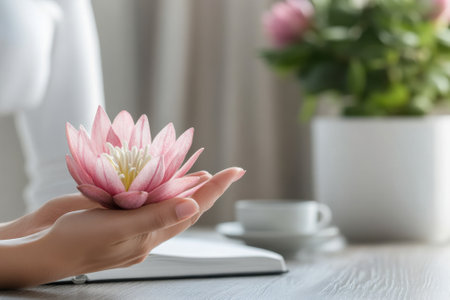 A person gently holds a pink lotus flower in their hands, surrounded by a calming indoor atmosphere.の写真素材