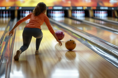 A young girl in an orange shirt is about to release a bowling ball while playing at an alley.の写真素材