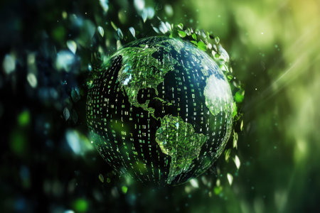 A globe covered with greenery and binary code symbolizes the fusion of nature and technology, promoting sustainability.の写真素材