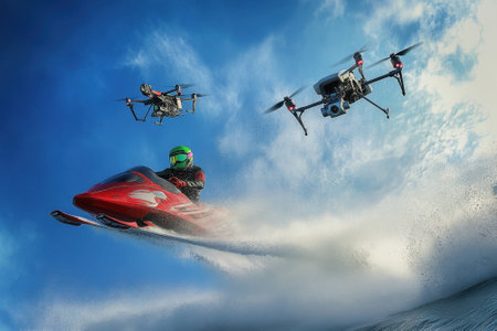 A skilled jet skier jumps over waves with two drones flying overhead, capturing the action on a bright day.の写真素材