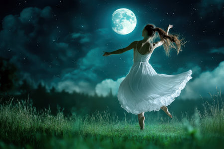 A graceful dancer performs in a flowing white dress on a grassy field illuminated by moonlight.の写真素材
