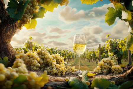 Lush green vineyard filled with ripe grapes and a glass of white wine glistening in the evening light.の写真素材