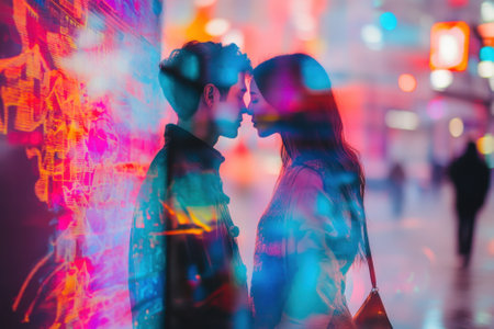 A couple stands close, sharing a kiss amidst vibrant city lights and artistic projections at night.の写真素材