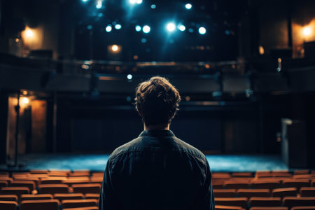 A man stands alone, gazing at an empty stage with bright lights, anticipating the show ahead.の写真素材
